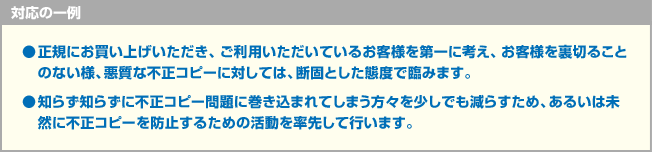 対応の一例 ●正規にお買い上げいただき、ご利用いただいているお客様を第一に考え、お客様を裏切ること のない様、悪質な不正コピーに対しては、断固とした態度で臨みます。 ●知らず知らずに不正コピー問題に巻き込まれてしまう方々を少しでも減らすため、あるいは未然に不正コピーを防止するための活動を率先して行います。