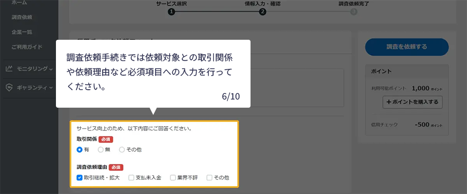 調査依頼手続きでは依頼対象との取引関係や依頼理由など必須項目への入力を行ってください。　6/10