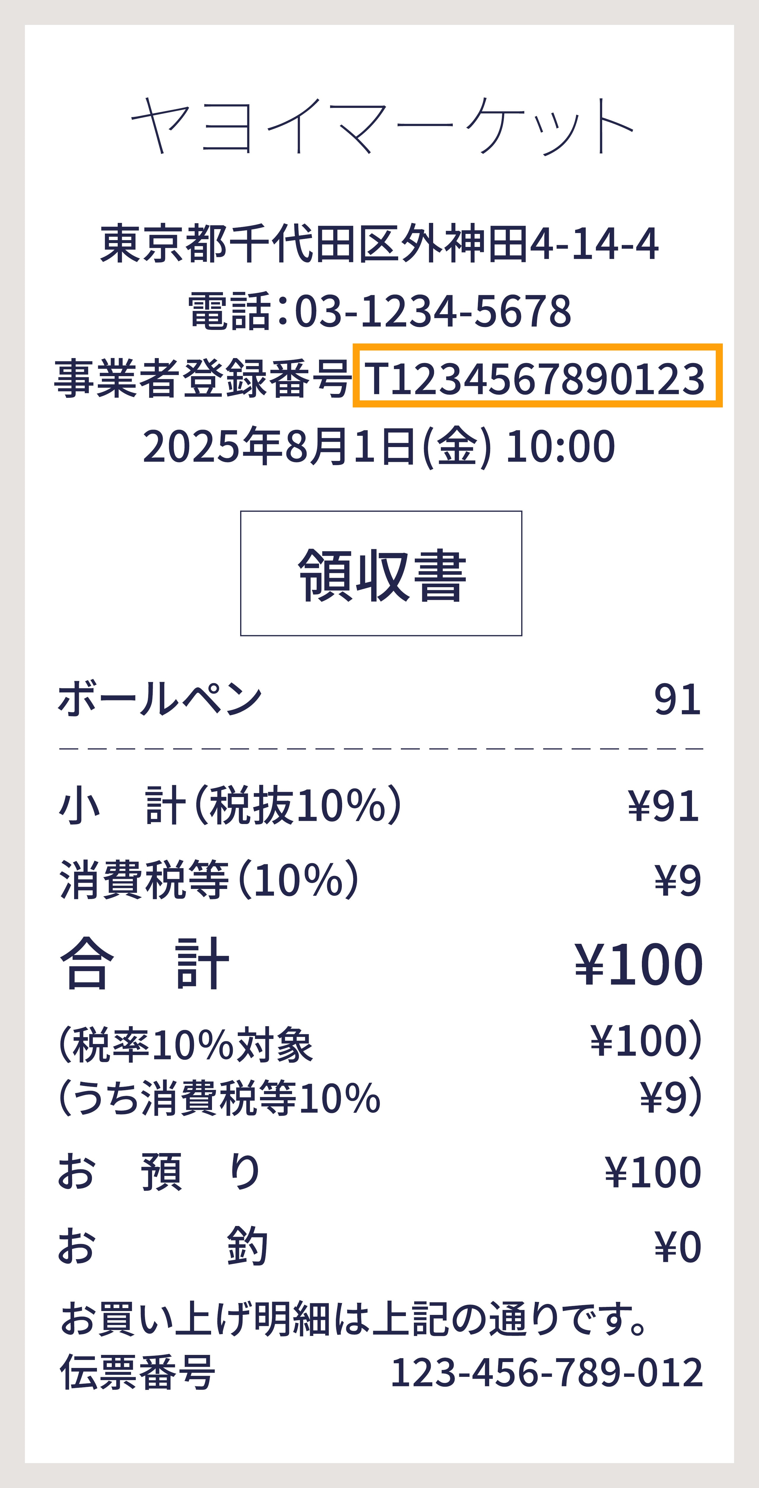 インボイス対応のレシートサンプル。店舗情報の下に事業者登録番号が印字されている箇所を示しています。