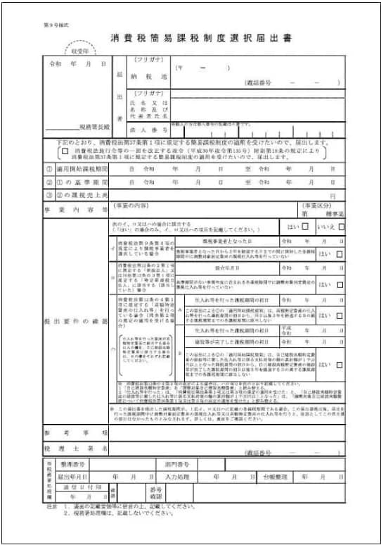 消費税簡易課税制度の適用を受けるために、税務署へ提出する消費税簡易課税制度選択届出書のフォーマットです。
