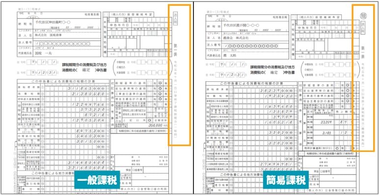 消費税申告書第一表における一般課税用と簡易課税用の比較。右上の印などでどちらの申告書かを見分けられます。