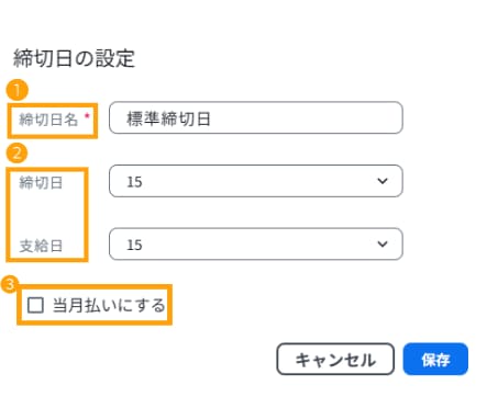 締切日の詳細設定画面。締切日名、締切日と支給日の選択、当月払いのチェック項目が番号順に示されています。