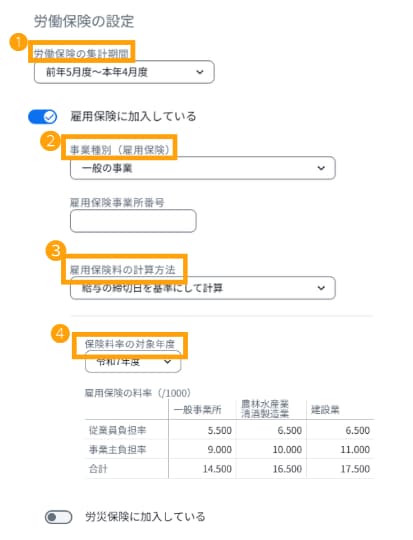 労働保険の設定画面。集計期間、事業種別、雇用保険料の計算方法、対象年度の項目が番号順に示されています。