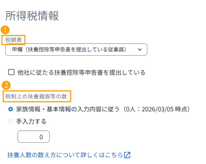 所得税情報の設定画面。源泉徴収税額の計算に必要な税額表の区分と、税制上の扶養親族等の数を設定する項目