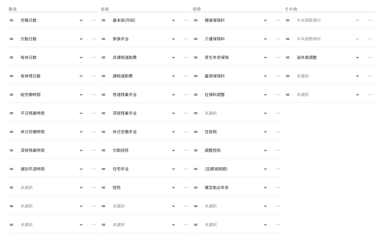 給与明細書のレイアウト設定。勤怠、支給、控除などの各項目を印字される順番に配置・確認する画面