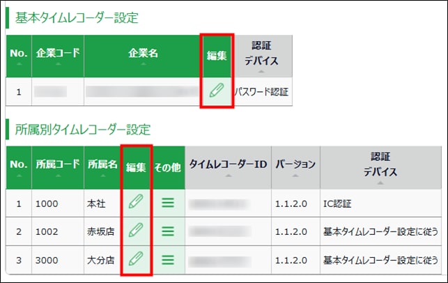 タイムレコーダー設定画面。基本タイムレコーダー設定と所属別タイムレコーダー設定それぞれの［編集］アイコンが強調されている。
