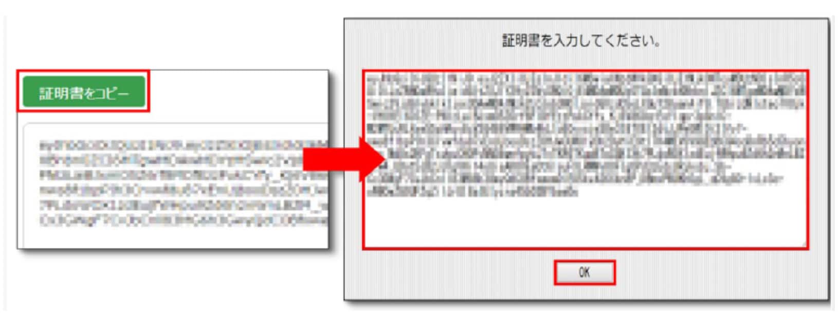 証明書のコピーと貼り付けの操作。［証明書をコピー］ボタンでコピーした証明書を、「証明書を入力してください。」画面の入力欄に貼り付ける流れが矢印で示されている。