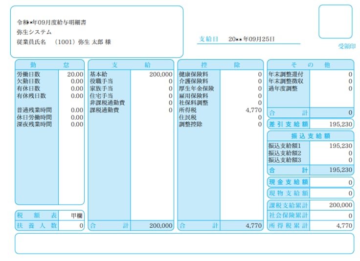 給与明細書のPDF出力・印刷イメージ。勤怠や支給・控除などの項目が従来の明細書形式で表示されます。