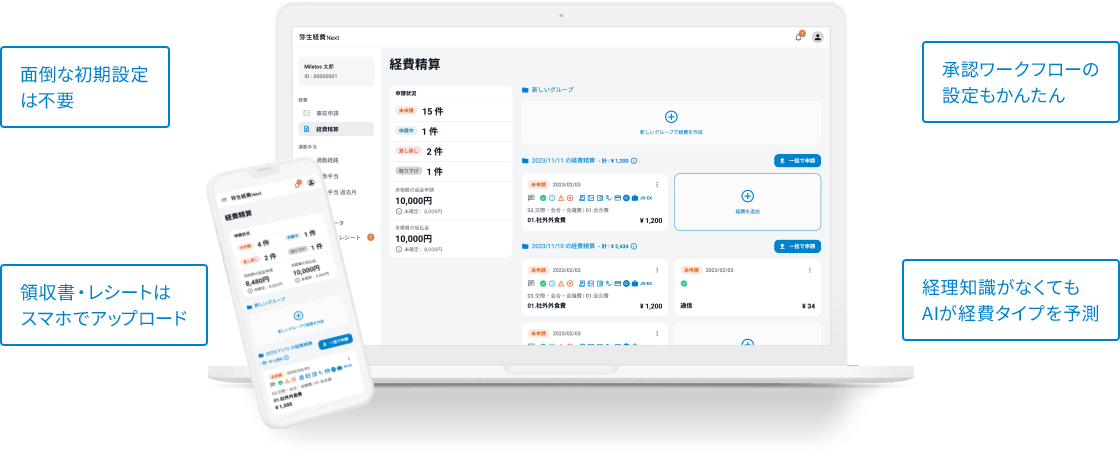 面倒な初期設定は不要、承認ワークフローの設定もかんたん、領収書・レシートはスマホでアップロード、経理知識がなくてもAIが経費タイプを予測