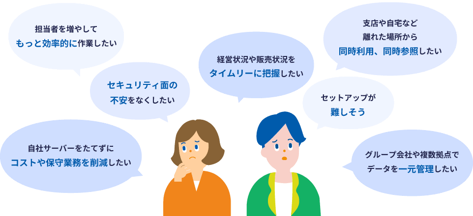 担当者を増やしてもっと効率的に作業したい 自社サーバーをたてずにコストや保守業務を削減したい セキュリティ面の不安をなくしたい 経営状況や販売状況をタイムリーに把握したい 支店や自宅など離れた場所から同時利用、同時参照したい セットアップが難しそう グループ会社や複数拠点でデータを一元管理したい