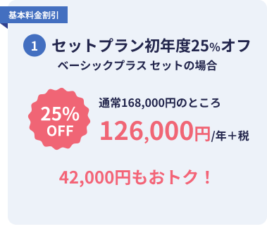 基本料金割引 1.セットプラン初年度25％オフ ベーシックプラスセットの場合  25%OFF 通常168, 000円のところ 126,000円/年+税 42,000円もおトク！