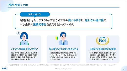「弥生会計」とは 製品コンセプト 「弥生会計」は、デスクトップ版ならではの使いやすさと、迷わない操作性で、中小企業の業務効率化を支える会計ソフトです。 シンプルな画面で使いやすい 使いやすさを重視したシンプルな画面構成で、帳簿付けから経営状況の確認、試算表・決算資料の作成まで、経理業務の効率化を実現。 初心者でもすぐに使い始められる 目的の業務が視覚的に迷わず選べる「クイックナビゲータ」機能など、初心者でもわかりやすくストレスフリーに使えて安心。 売上実績No.1※ 圧倒的な実績と歴史の蓄積 27年連続年間販売数量No.1※1という実績と、会計実務に長く・深く寄り添ってきた歴史を背景に生み出される「弥生会計だけの使いやすさ」。 ※1 全国主要家電量販店・パソコン専門店・ネットショップ2,350店の POS 実売統計。弥生は2025年の年間最多販売ベンダーとして、「業務ソフト部門」27年連続年間販売数量No.1受賞。(集計対象期間:2025年1月~12月)ー株式会社BCN 調べ
