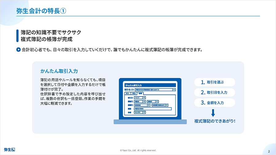 弥生会計の特長① 簿記の知識不要でサクサク 複式簿記の帳簿が完成 会計初心者でも、日々の取引を入力していくだけで、誰でもかんたんに複式簿記の帳簿が完成できます。 かんたん取引入力 簿記の用語やルールを知らなくても、項目を選択して日付や金額を入力するだけで帳簿付けが完了。 仕訳辞書で予め設定した内容を呼び出せば、複数の仕訳も一括登録。作業の手間を大幅に軽減できます。 1.取引を選ぶ 2.取引日を入力 3.金額を入力 複式簿記のできあがり！