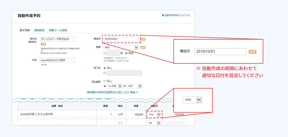 ※自動作成の周期にあわせて適切な日付を設定してください