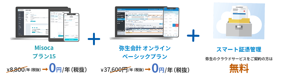 Misoca プラン15 8,800円/年(税抜)が0円/年(税抜) + 弥生会計 オンライン ベーシックプラン 37,600円/年(税抜)が0円/年(税抜) + スマート証憑管理 弥生のクラウドアプリをご契約の方は無料