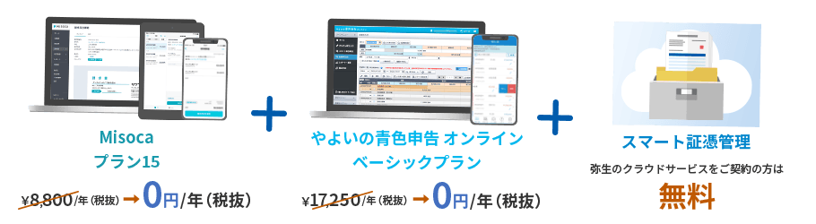 Misoca プラン15 ¥8,000/年(税抜)がなし+弥生の青色申告 オンライン セルフプラン ¥8,800/年(税抜)+スマート証憑管理 弥生のクラウドアプリをご契約の方は無料