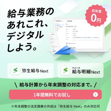 給与業務のあれこれ、デジタルしよう。弥生給与 Next／やよいの給与明細 Next 初年度0円。給与計算から年末調整の対応まで。1年間無料でお試し ※年末調整の法定調書の作成は「弥生給与 Next」のみ対応可