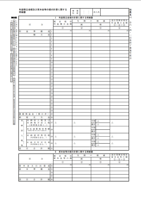 利益積立金額及び資本金等の額の計算に関する明細書