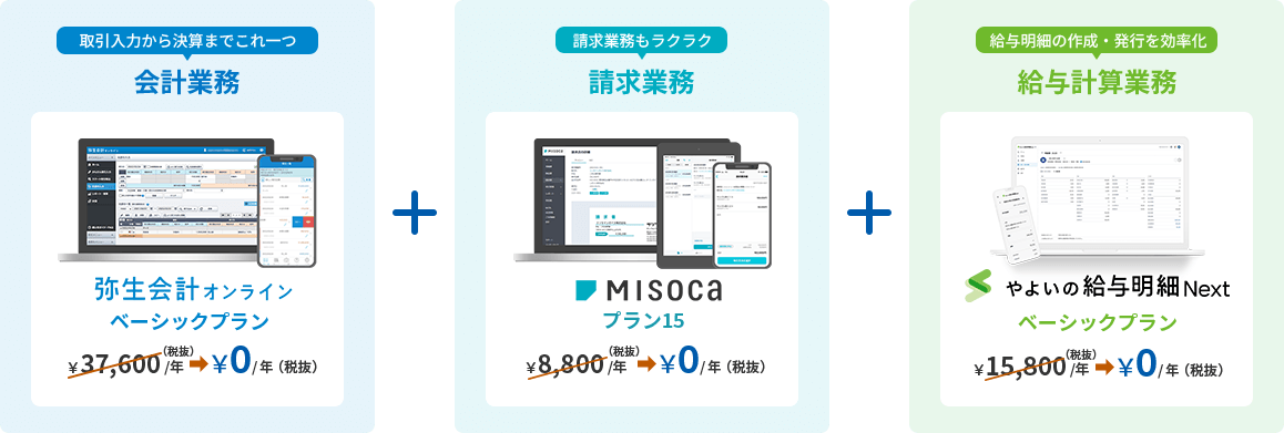 弥生会計 オンライン ベーシックオンライン 年間35,200円(税抜)→年間0円(税抜) misoka プラン15 年間8,000円(税抜)→年間0円(税抜) やよいの給与明細 Next ベーシックプラン 年間15,800円(税抜)→年間0円(税抜)