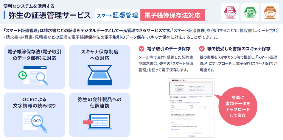 便利なシステムを活用する 弥生の証憑管理サービス スマート証憑管理 電子帳簿保存法対応 「スマート証憑管理」は請求書などの証憑をデジタルデータとして一元管理できるサービスです。「スマート証憑管理」を利用することで、領収書（レシート含む）・請求書・納品書・見積書などの証憑を電子帳簿保存法の電子取引データ保存・スキャナ保存に対応することがあります。 電子帳簿保存法（電子取引のデータ保存）に対応 スキャナ保存制度への対応 OCRによる文字情報の読み取り 弥生の会計製品への仕訳連携 電子取引のデータ保存 メール等で交付・受領した請求書
などの書類は、弥生の「スマート証憑管理」を使って電子保存します。紙で授受した書類のスキャナ保存 紙の書類をスマホカメラ等で撮影し、「スマート証憑管理」にアップロードし、電子保存（スキャナ保存）が可能です。（簡単に書類データをアップロードして保存）