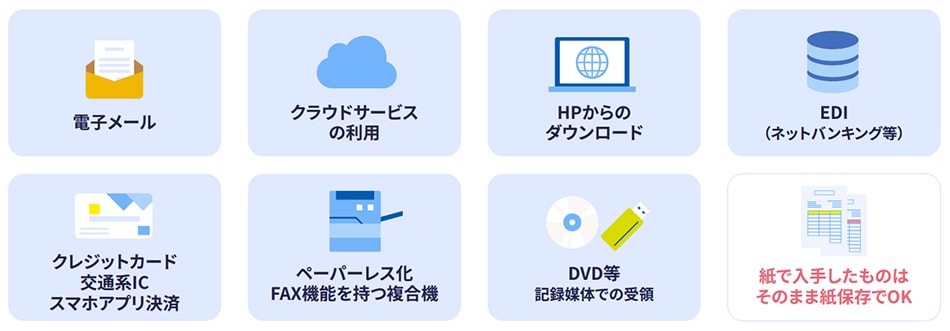 電子メール クラウドサービスの利用 HPからのダウンロード EDI（ネットバンキング等） クレジットカード 交通系IC スマホアプリ決済 ペーパーレス化FAX機能を持つ複合機 DVD等記憶媒体での受領 （紙で保存したものはそのまま紙保存でOK）
