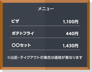 ピザ 1100円　ポテトフライ 440円　○○セット 1430円　※出前・テイクアウトの場合は価格が異なります