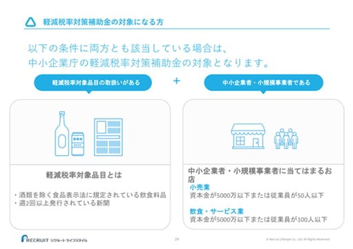 軽減税率対策補助金の対象になる方 以下の条件に両方とも該当している場合は、中小企業庁の軽減税率対策補助金の対象となります。 軽減税率対象品目の取扱いがある ＋ 中小企業者・小規模事業者である 軽減税率対象品目とは ・酒類を除く食品表示法に規定されている飲食料品 ・週2回以上発行されている新聞 中小企業者・小規模事業者に当てはまるお店 小売業：資本金が5000万以下または従業員が50人以下 飲食・サービス業：資本金が5000万以下または従業員が100人以下