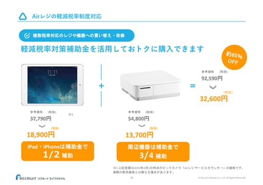 Airレジの軽減税率制度対応 複数税率対応のレジや機器への買い替え・改修 軽減税率対策補助金を活用しておトクに購入できます 参考価格 (税抜) 37,790円 ※3 > (税抜) 18,900円 iPad・iPhoneは補助金で1/2補助 + 参考価格 (税抜) 54,800円 > (税抜) 13,700円 周辺機器は補助金で3/4補助 = 参考価格 (税抜) 92,590円 約65%OFF > (税抜) 32,600円 ※3 上記金額は2019年4月1日時点のビックカメラ「Airレジサービスカウンター」の価格です。実際の販売価格とは異なる場合があります。