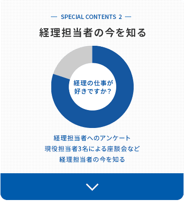 SPECIAL CONTENTS 2 経理担当者の今を知る 経理担当者へのアンケート、現役担当者3名による座談会など、経理担当者の今を知る
