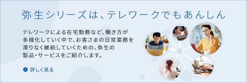 テレワークによる在宅勤務など、働き方が多様化していく中で、お客さまの日常業務を滞りなく継続していくための、弥生の製品・サービスをご紹介します。 詳しく見る