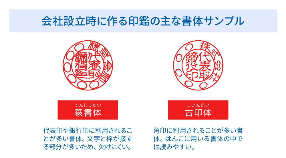 会社設立時に作る印鑑の主な書体サンプル