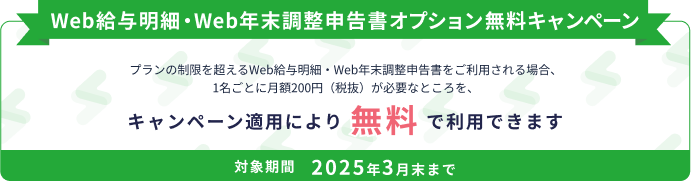 Web給与明細・Web年末調整申告書オプション無料キャンペーン プランの制限を超えるWeb給与明細・Web年末調整申告書をご利用される場合、1名ごとに月額200円（税抜）が必要なところを、キャンペーン適用により無料で利用できます 申込対象期間 2024年10月末まで