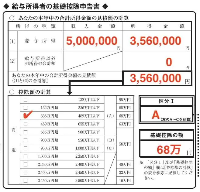 基礎控除申告書の記入例