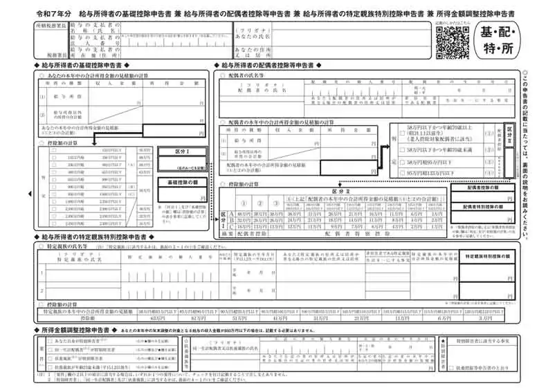 基礎控除申告書兼給与所得者の配偶者控除等申告書兼給与所得者の特定親族特別控除申告書兼所得金額調整控除申告書の書き方