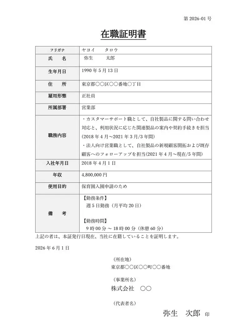 在職証明書に記載する項目と記入例