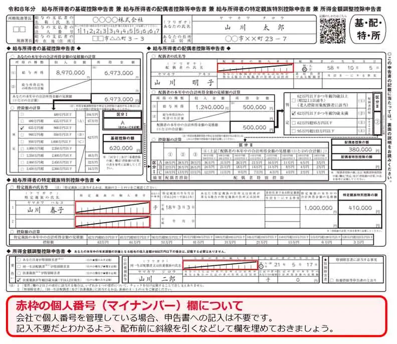 給与所得者の基礎控除申告書 兼 給与所得者の配偶者控除等申告書 兼 給与所得者の特定親族特別控除申告書 兼 所得金額調整控除申告書の書き方