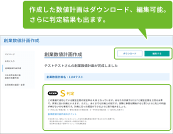 作成した数値計画はダウンロード、編集可能。さらに判定結果も出ます。