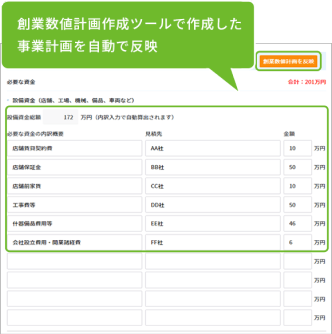 創業数値計画作成ツールで作成した事業計画を自動で反映