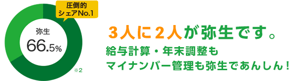 圧倒的シェアNo.1 グラフ[弥生 64.9%]※2 3人に2人が弥生です。給与計算・年末調整もマイナンバー管理も弥生であんしん！