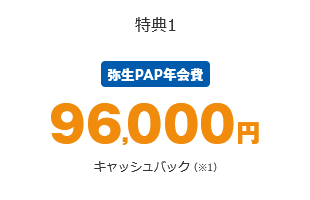 特典1 弥生PAP年会費96,000円キャッシュバック（※1）