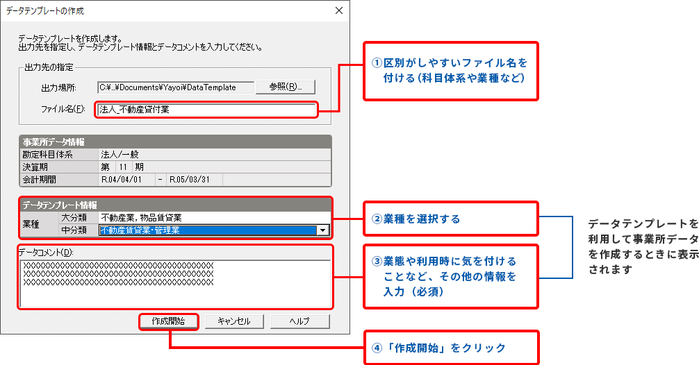 図② データテンプレートの作成 ① 区別がしやすいファイル名を付ける（科目体系や業種など） ② 業種を選択する ③ 業態や利用時に気を付けることなど、その他の情報を入力（必須） ④ 作成開始をクリック ②から③ データテンプレートを利用してデータを作成するときに表示されます