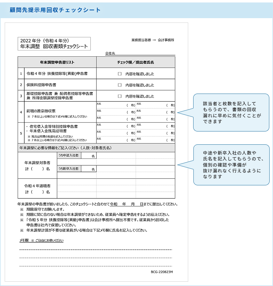 顧問先提示用回収チェックシート【2022年分（令和4年分） 年末調整 回収書類チェックシート】 該当者と枚数を記入してもらうので、書類の回収漏れに早めに気付くことができます 中途や新卒入社の人数や氏名を記入してもらうので、個別の確認や準備が抜け漏れなく行えるようになります