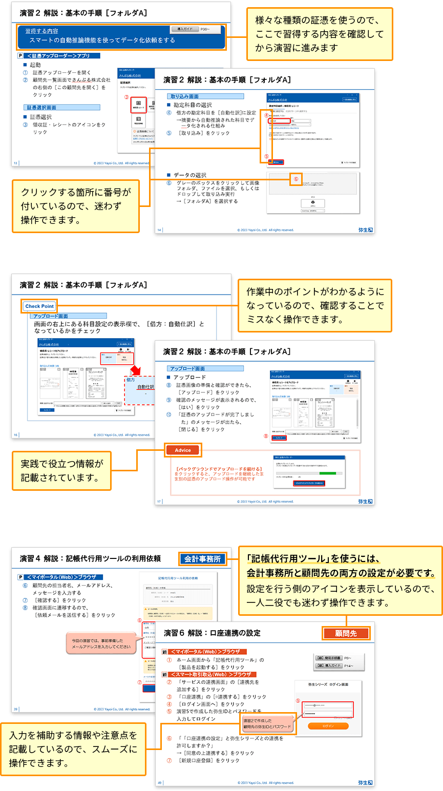 様々な種類の証憑を使うので、ここで習得する内容を確認してから演習に進みます。クリックする箇所に番号が付いているので、迷わず操作できます。作業中のポイントがわかるようになっているので、確認することでミスなく操作できます。実践で役立つ情報が記載されています。「記帳代行用ツール」を使うには、会計事務所と顧問先の両方の設定が必要です。設定を行う側のアイコンを表示しているので、一人二役でも迷わず操作できます。入力を補助する情報や注意点を記載しているので、スムーズに操作できます。