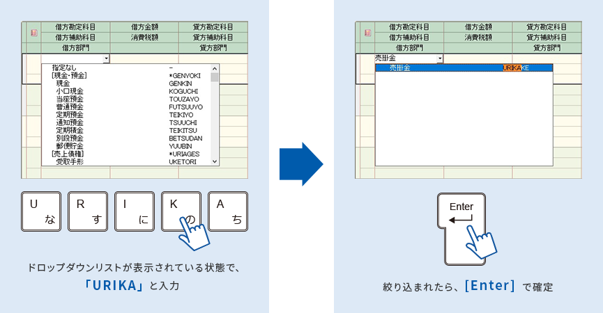 ドロップダウンリストが表示されている状態で、「URIKA」と入力→絞り込まれたら、[Enter]で確定