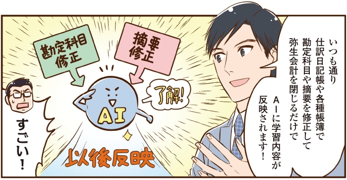 いつも通り仕訳日記帳や各種帳簿で勘定科目や摘要を修正して弥生会計を閉じるだけでAIに学習内容が反映されます!