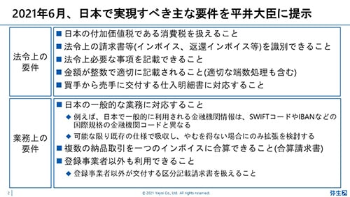 2021年6月、日本で実現すべき主な要件を平井大臣に提示