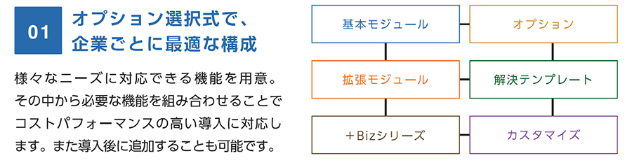 01 オプション選択式で、企業ごとに最適な構成 様々なニーズに対応できる機能を用意。その中から必要な機能を組み合わせることでコストパフォーマンスの高い導入に対応します。また導入後に追加することも可能です。 基本モジュール オプション 拡張モジュール 解決テンプレート +Bizシリーズ カスタマイズ