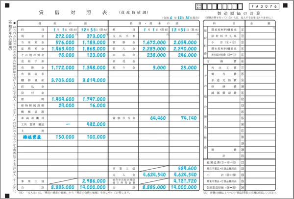 青色申告決算書 貸借対照表の記載例