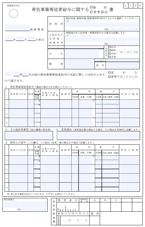 青色事業専従者給与に関する届出・変更届出書