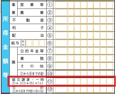 確定申告書 第一表　所得金額等「総合譲渡・一時⑪」欄